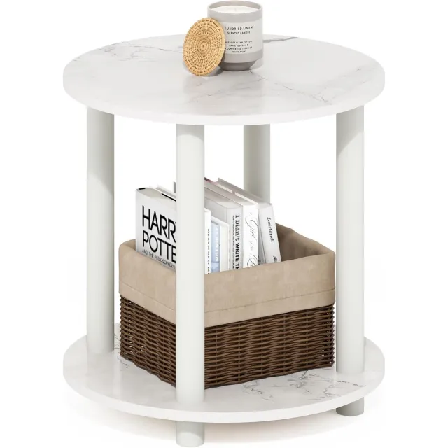 Furinno ACEP Ronde houten bijzettafel - Marmer look - 39,50 (B) x 40,41 (H) x 39,50 (D) CM - Bijzettafeltjes woonkamer - Bijzettafels - Bijzettafel rond wit