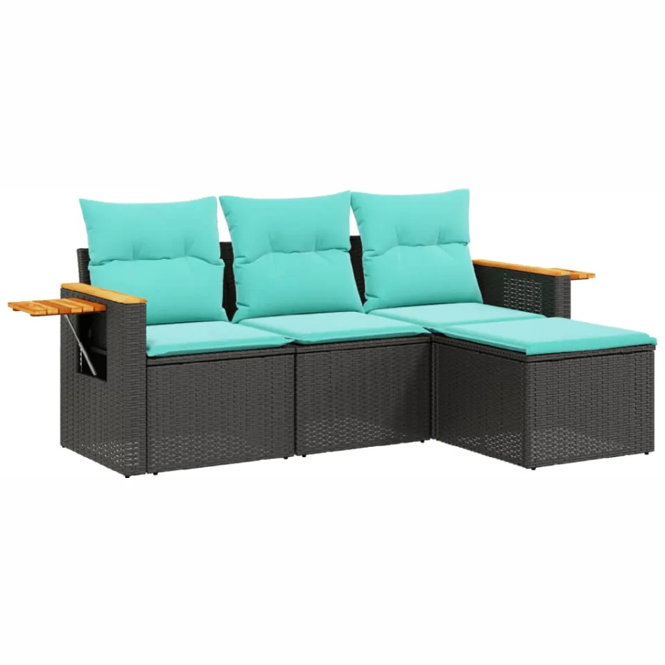 vidaXL 4-delige Loungeset met kussens poly rattan zwart, foto 3