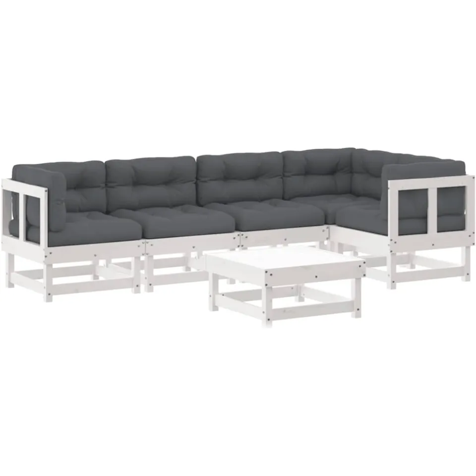 vidaXL 6-delige Loungeset met kussens massief hout wit, foto 3