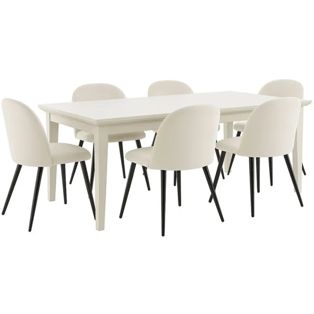 Tvilum Venedig eethoek eettafel wit 95x180/276 met 2 stuks extra plaat 6 stoelen fluweel beige.