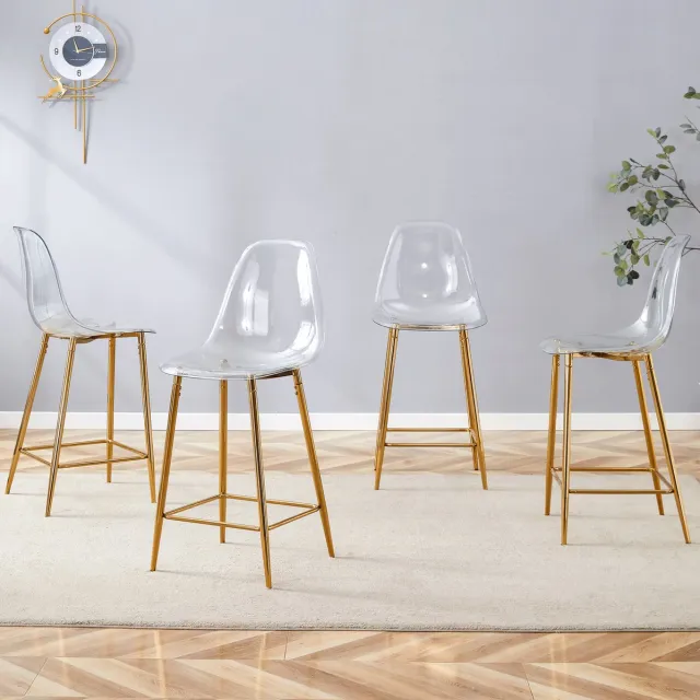 HAUSS SPOLE Barkruk - Transparant Design - Set van 4 - Met Rugleuning en Voetsteun - Voor Keuken, Bar en Eetkamer - Kunststof Goud