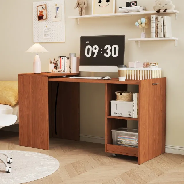Pugsdrly 126×55×75 cm multifunctionele klaptafel, die een bureau en kast in één ontwerp combineert, met twee opbergvakken voor efficiënte organisatie, hoog draagvermogen, walnoothoutkleur.