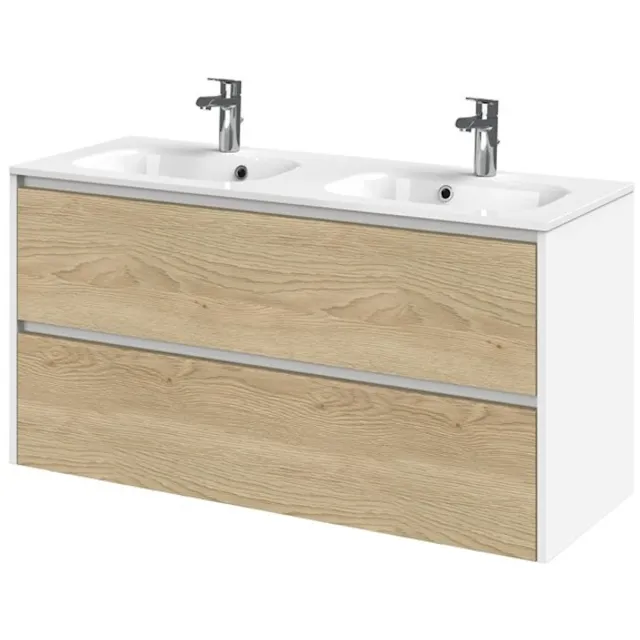 Tiger Reverse Meubelset 120 cm met 2 lades Naturel eik - Mat wit incl Oval wastafel dubbel Hoogglans wit - 800321 Eiken