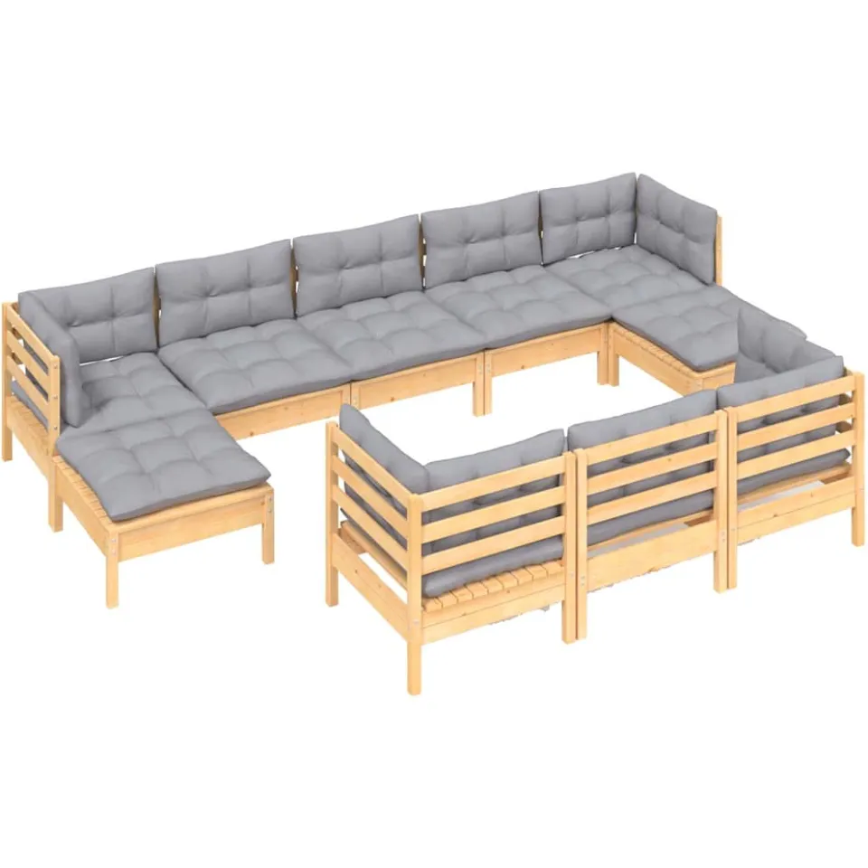 vidaXL 10-delige Loungeset met grijze kussens massief grenenhout Grijs