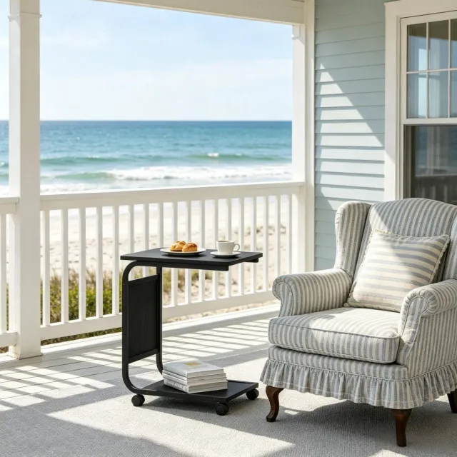 Wishdor Bijzettafel met wielen - C-vorm - opbergruimte - klassiek - voor sofa en bed - hout en metaal - zwart - 50 x 35 x 62 cm