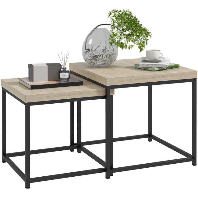 Lunpog Set van 2 uitschuifbare salontafels, vierkante salontafels, stalen frame en lichthouten platen Natuurlijk hout