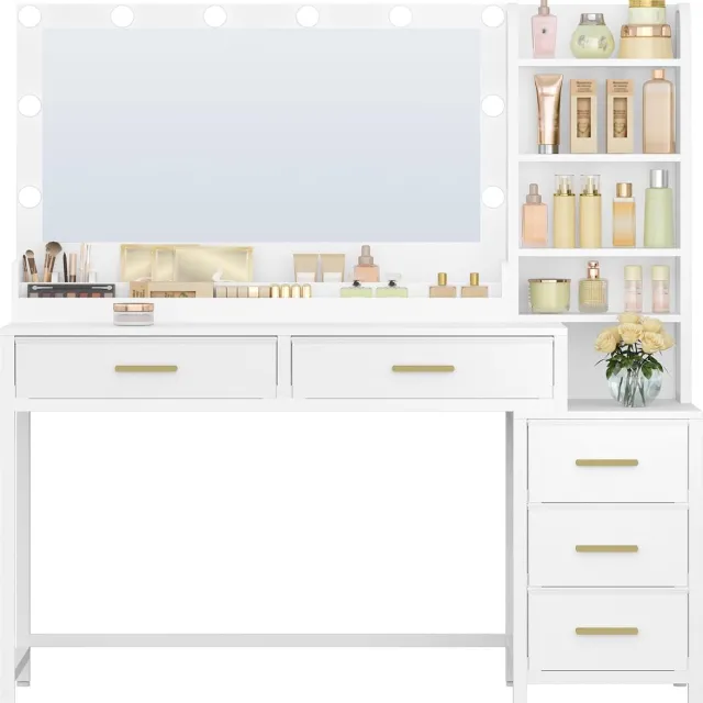 HILINSIE Kaptafel - Make up Tafel - Kaptafel met Spiegel en Verlichting - 130 cm - Wit - Ledverlichting - Instelbare Helderheid - 3 Kleuren - 5 Laden en 5 Open Vakken-40 × 130 × 141 cm