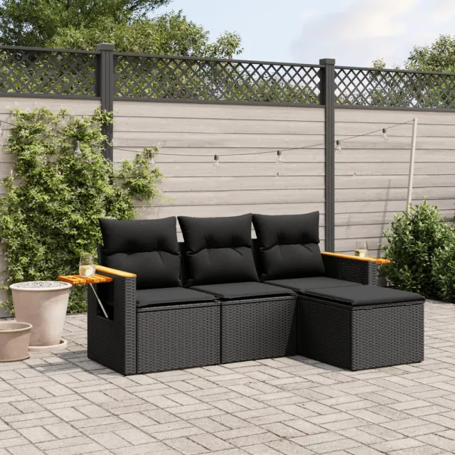 vidaXL 4-delige Loungeset met kussens poly rattan zwart, foto 2