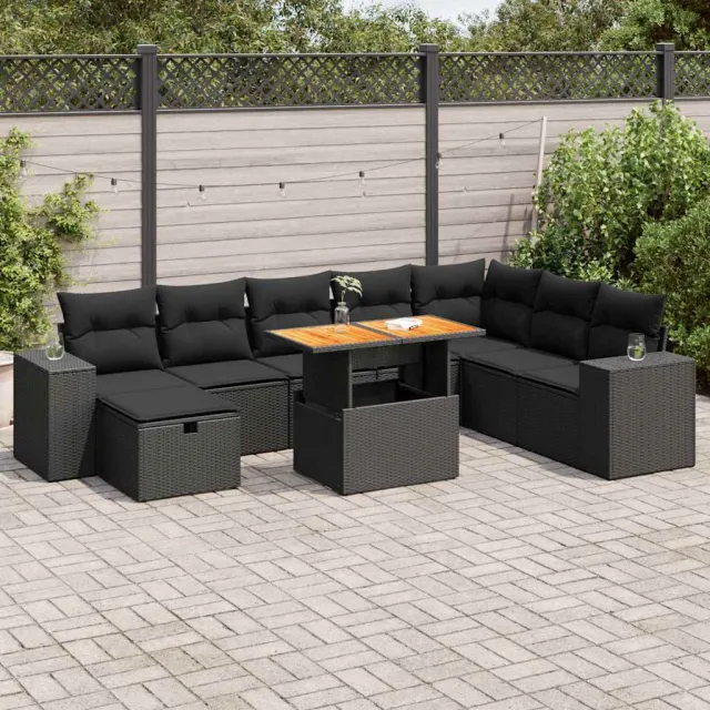 vidaXL 9-delige Loungeset met kussens poly rattan acacia zwart, foto 2