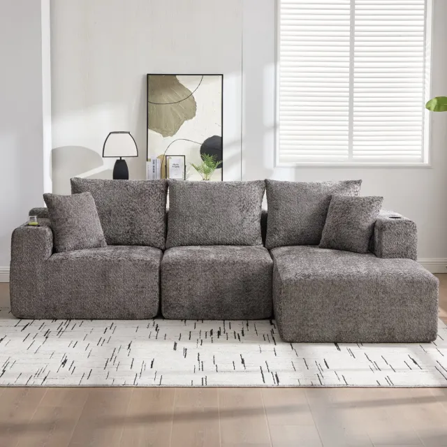 Zubaliya Modulaire Hoekbank 3 Zits - Chenille Cloud Sofa Zonder Frame - L Vormige Lounge Bank Met Diepe Zit En Memory Foam Comfort - Inclusief Bekerhouder En Zijvakken - Montagevrij Voor Woonkamer En Appartement - Donkergrijs