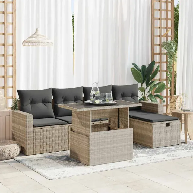 vidaXL 6-delige Loungeset met kussens poly rattan lichtgrijs grijs, foto 2