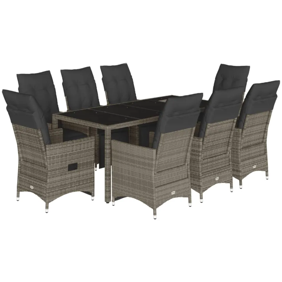 vidaXL 9-delige Bistroset met kussens poly rattan grijs, foto 3
