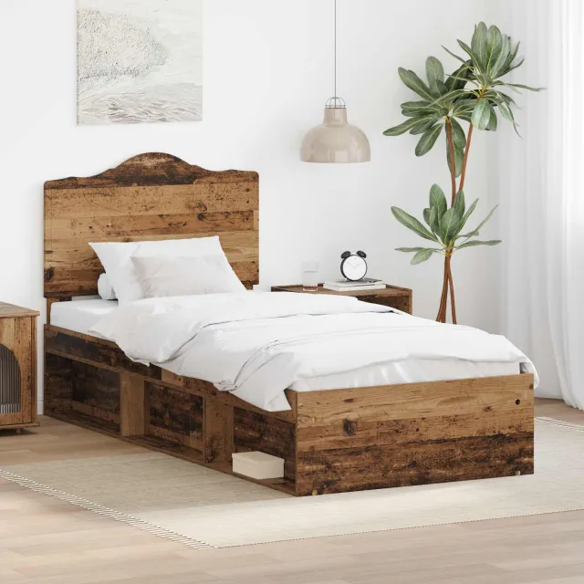 vidaXL Bedframe met hoofdeinde Oudhout 90 x 200 cm Massief grenenhout Bruin