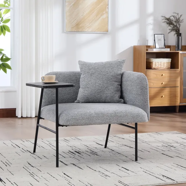 Wishdor Fauteuil met bijzettafel en opbergtassen - Scandinavisch design - chenille stof - grijs - 86 x 72 x 71 cm