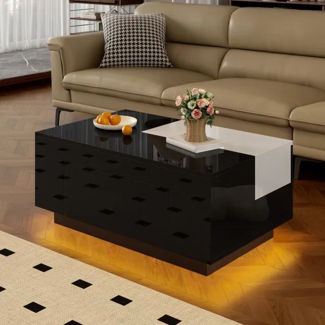 CHICFURN Salontafel - uitschuifbaar - LED-verlichting - met lade - zwart wit