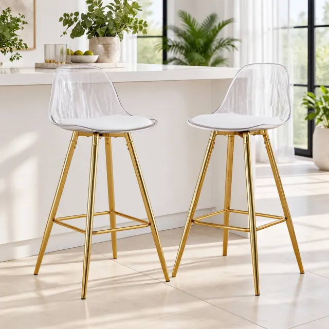 CHICFURN Barkruk - voor volwassenen - transparante rugleuning - vierpoots - goud transparant