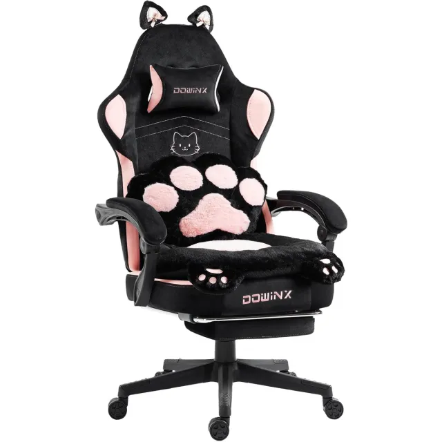 Dowinx Gaming Stoel Ergonomisch met Voetsteun – Vleugelloze Zit – Verstelbare Rugleuning – Zachte Stof – Roze-zwart – Voor Gaming, Werk en Studie – Middelgroot Pocketveren Zitkussen