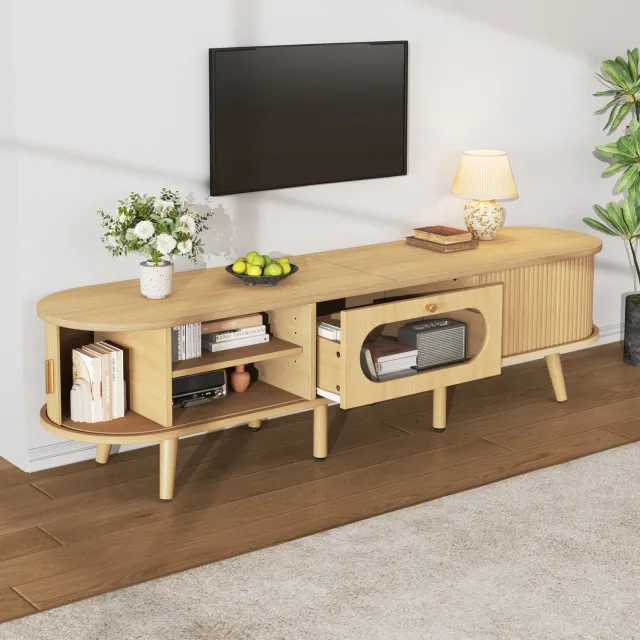 STILVORA Tv-Meubel - 2 Roldeuren en 1 Lade - Voor Tv's tot 70 Inch in de Woonkamer - MDF en Acryl - 170x40x43 Cm - Natuurlijke Houtkleur