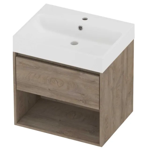 Proline Podium Badmeubelset Polystone Loft 1 Kraangat Met Schap 60x46x62 cm Mat White Raw Oak Eiken