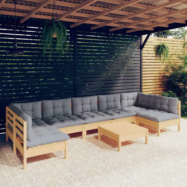 vidaXL 8-delige Loungeset met grijze kussens massief grenenhout Grijs