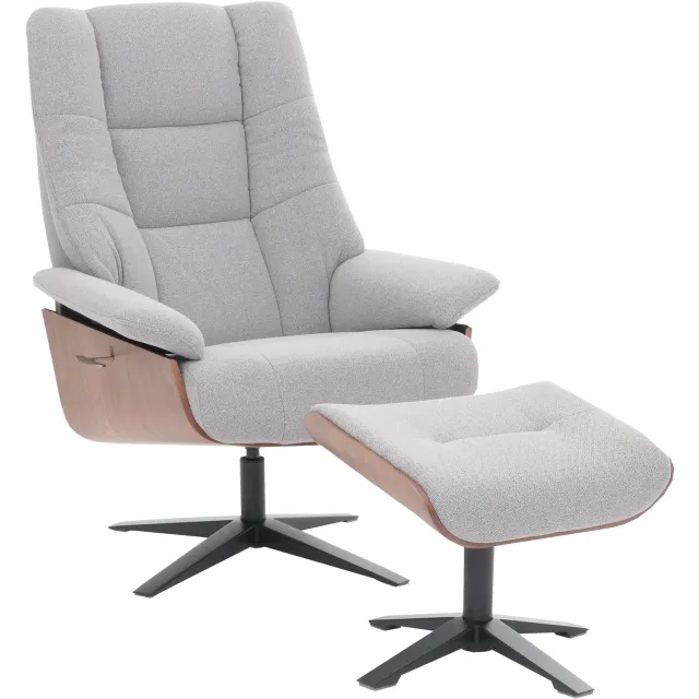 MCA relaxfauteuil + kruk MCW-N57, relaxfauteuil, bouclé stof hout ~ grijs