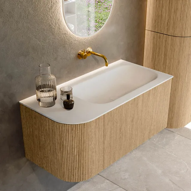 Mondiaz KURVE 95 cm Onderkast Greeploos 1 Lade Met Deuren Oak, Wastafel Solid Surface Rechts Talc 0 Kraangaten Zonder Spiegel (KRVBGS95L1L1D0KR-Oak/Tal)