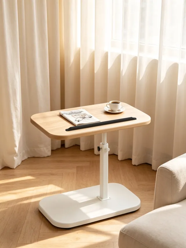 learnlogic Tv-tafeltje met een minimalistisch blad van natuurlijk hout en een wit frame geschikt voor bij de bank draaibaar en in hoogte verstelbaar perfect om aan te eten of een laptop te gebruiken in de woonkamer Bureauformaat 30*40 cm Natuurlijke houtkleur