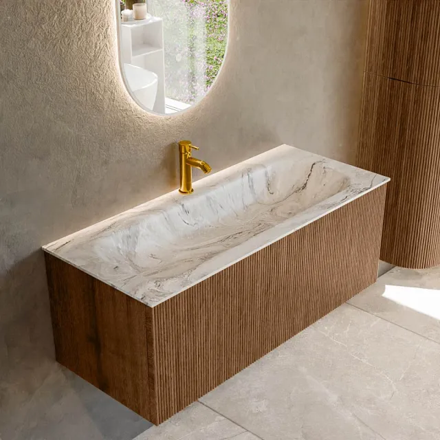 Mondiaz KURVE-DLUX 110 cm Onderkast Greeploos 1 Lade Zonder Deuren Walnut, Wastafel Solid Surface Volledig Glace 1 Kraangat Zonder Spiegel (KRVBGM1101L0D1KM-Wal/Gla)