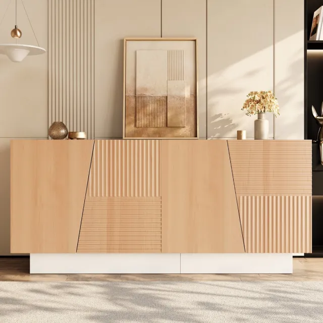 VVBV Dressoir – Buffetkast met 4 Deuren – Wit – Verstelbare Planken – Geribbelde Front – Voor Woonkamer – Sideboard – Hoogglans Naturel