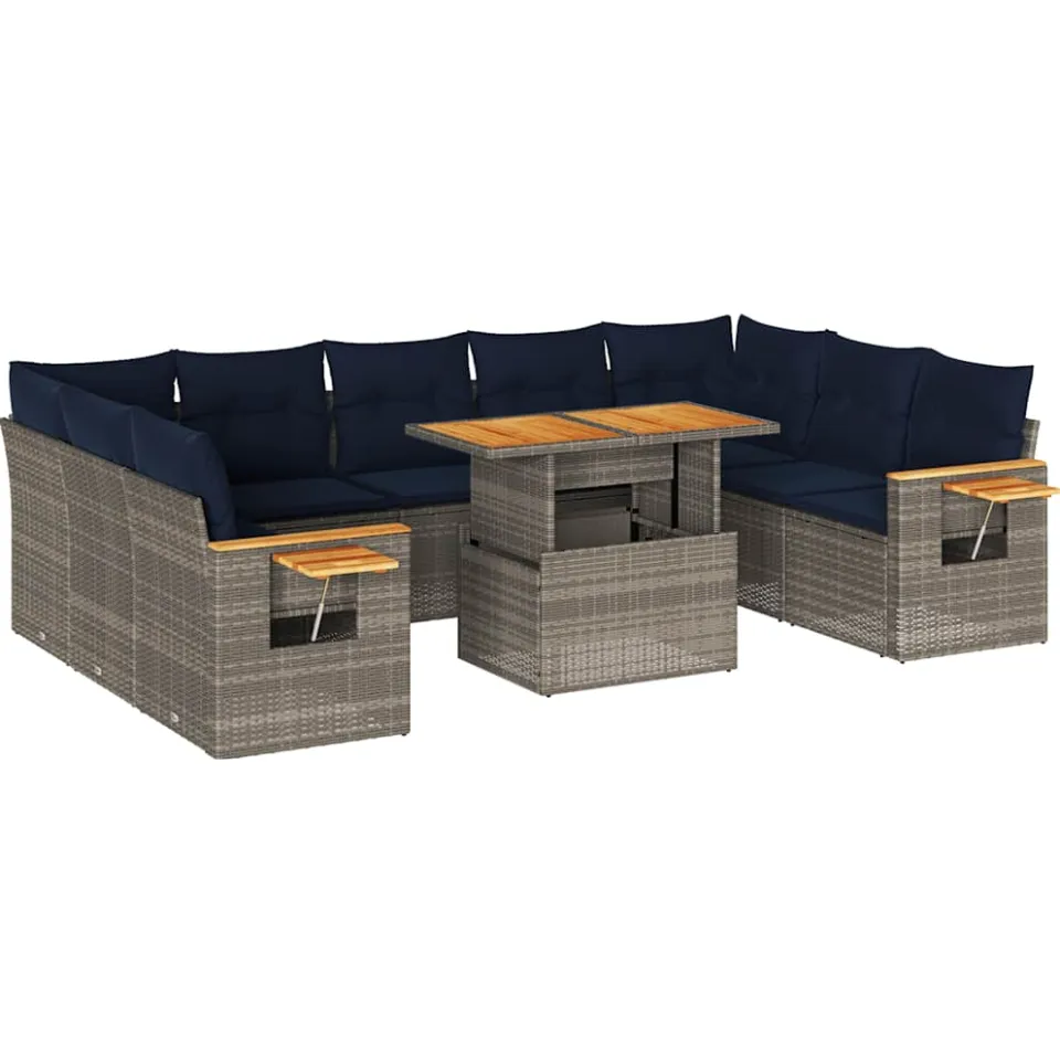 vidaXL 10-delige Loungeset met kussens poly rattan acacia grijs, foto 3