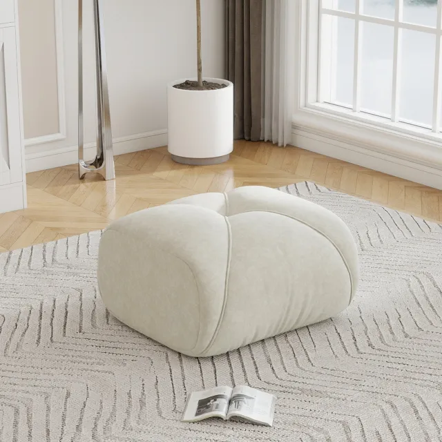 MEUNIQ Ovale poef 78 x 76 x 45 cm – gestoffeerde hocker met chenille bekleding en schuimvulling – zitplek voor de woonkamer – lichtbeige