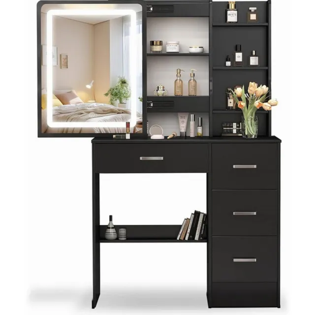 Sierra Make-uptafel met professionele LED-verlichting - Make-uptafel 80 cm met uitschuifbare spiegel, geïntegreerde opbergruimte, zwart