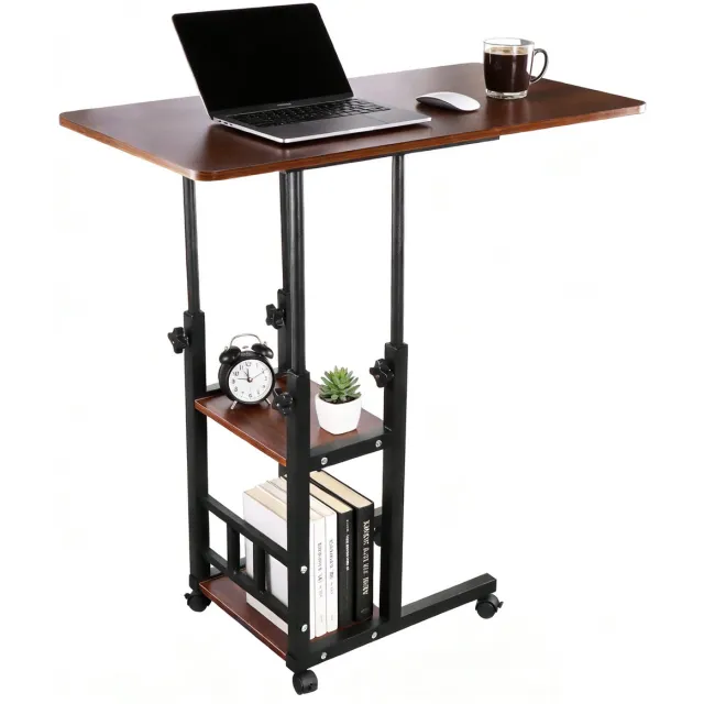 Lemlit C-vormige Bijzettafel - Verstelbare Laptoptafel, Lemlit Bedtafel en Banktafel met Wielen, 2 Opbergplanken, 80 x 40 cm, 65-91 cm, Donkerbruin/Zwart