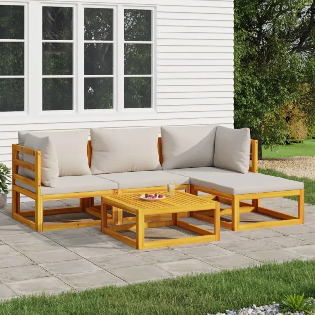 vidaXL 5-delige Loungeset met lichtgrijze kussens massief hout bruin, foto 2