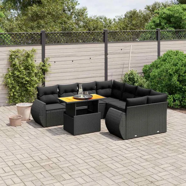 vidaXL 9-delige Loungeset met kussens poly rattan zwart, foto 2