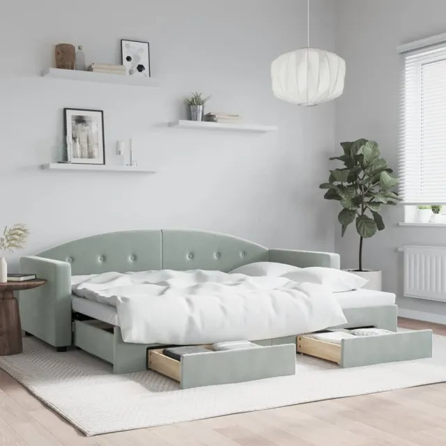 vidaXL Slaapbank onderschuifbed en lades 80x200 cm fluweel lichtgrijs grijs