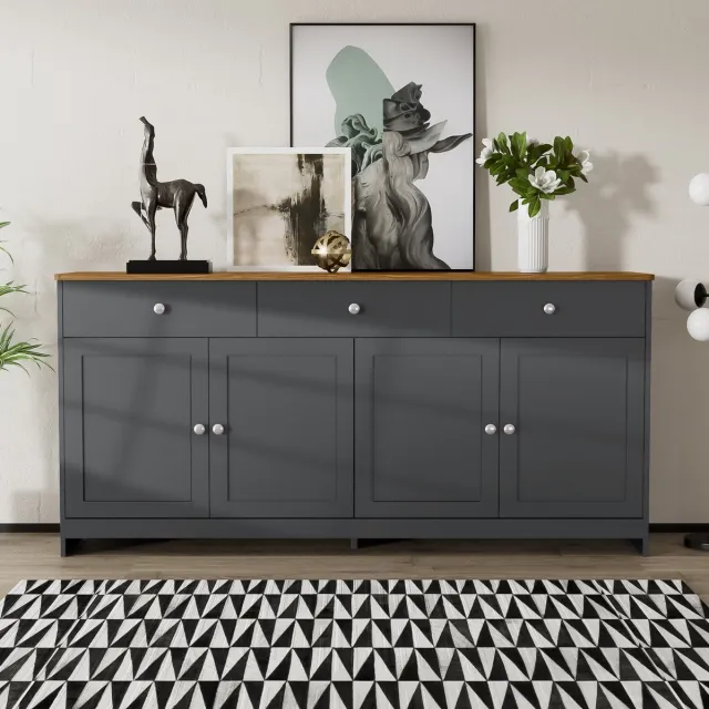 MEUNIQ Dressoir 160 x 37 x 75 cm met 3 lades, 4 deuren en verstelbare planken – grijszwart buffetkast met houtkleurig blad voor eetkamer