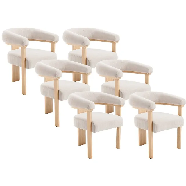 Vente-unique Set van 6 stoelen met armleuningen van ribfluweel en natuurlijk rubberhout - Beige - LIVELIA