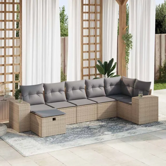 vidaXL 7-delige Loungeset met kussens poly rattan beige, foto 2