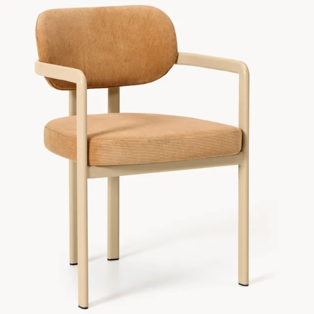 Westwing Collection Gestoffeerde ribfluwelen eetkamerstoel met armleuningen Wit, Lichtbruin
