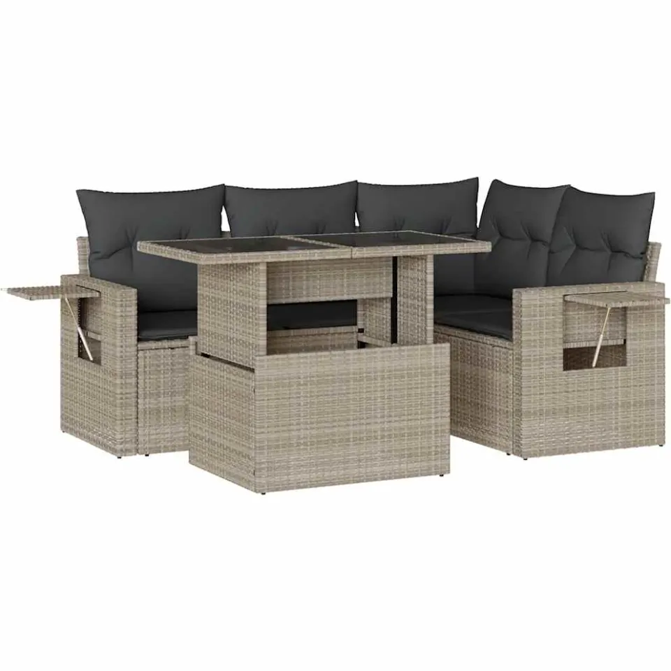 vidaXL 5-delige Loungeset met kussens poly rattan lichtgrijs grijs, foto 3