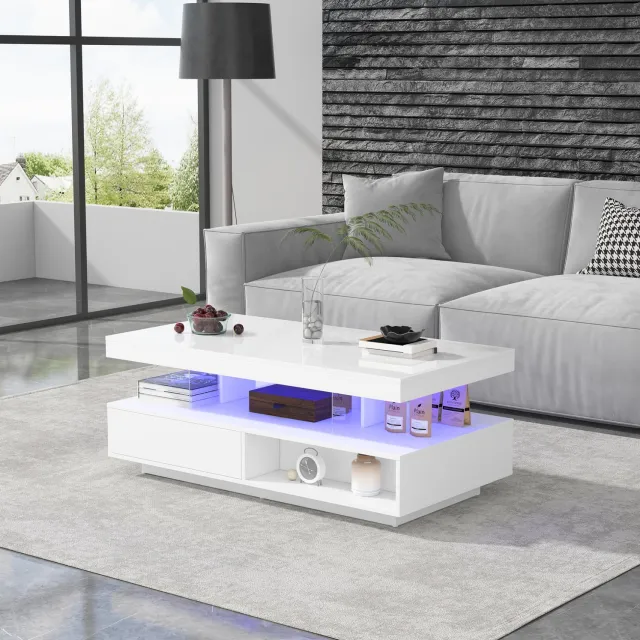 CHICFURN Salontafel - LED-verlichting - 2 lades en 2 open vakken - Wit