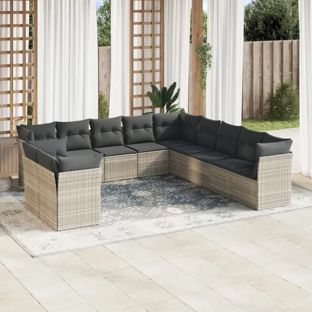 vidaXL 11-delige Loungeset met kussens poly rattan lichtgrijs