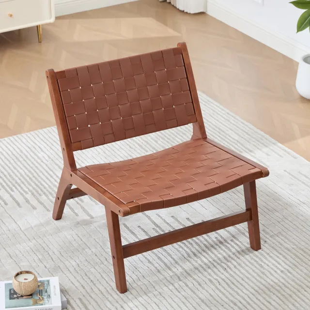 VVBV Fauteuil / Relaxstoel 71x66x72 cm – Gevlochten Design, Houten Frame, Binnen & Buiten, Schaakbordpatroon, Armleuningen, Eenvoudige Montage – Bruin