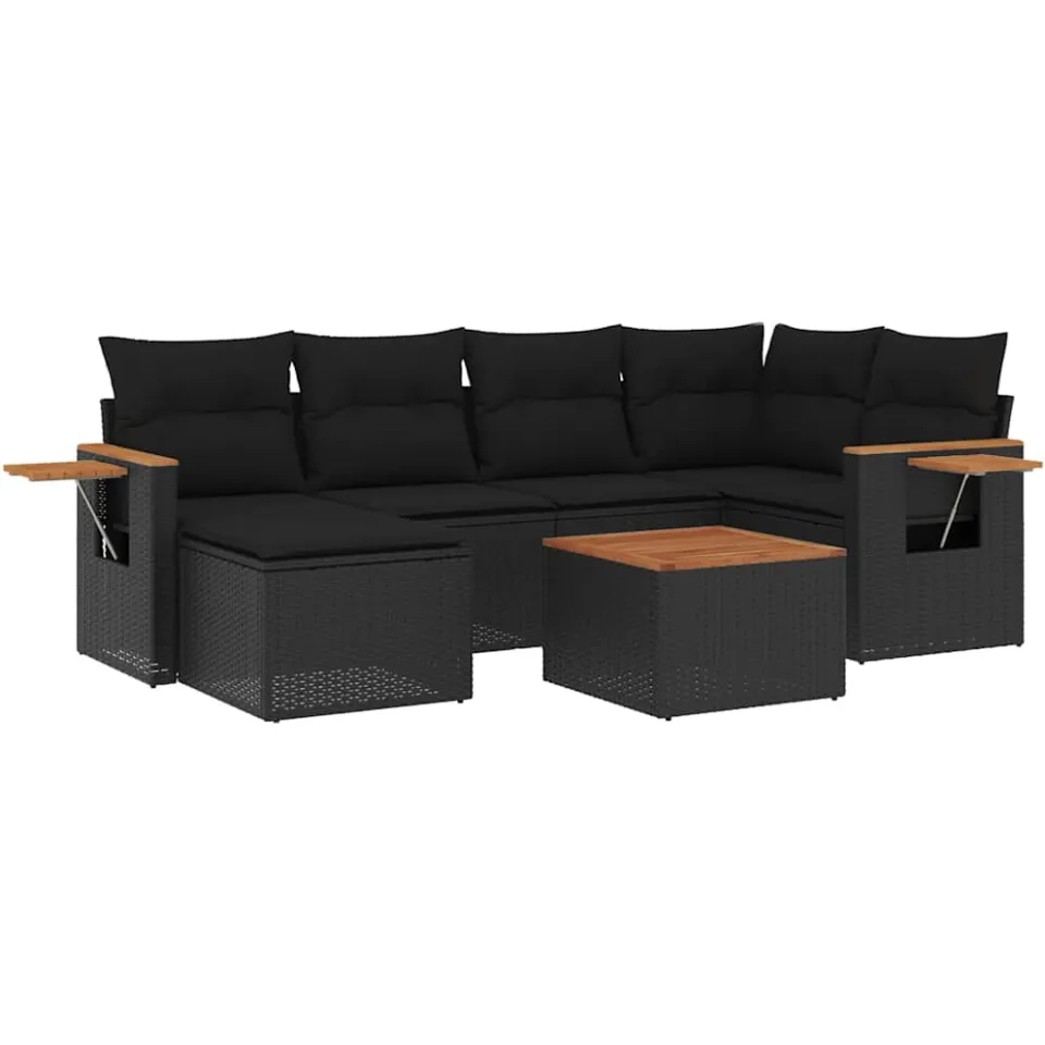 vidaXL 7-delige Loungeset met kussens poly rattan zwart, foto 3