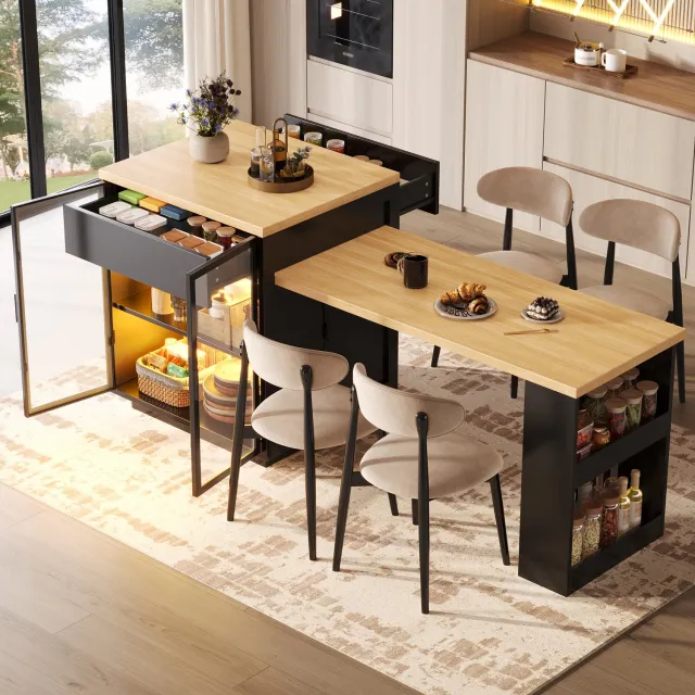 Merax Uitschuifbare eettafel 122-194,5 cm - met opbergruimte - 2 deuren en 1 lade - LED en USB - zwart