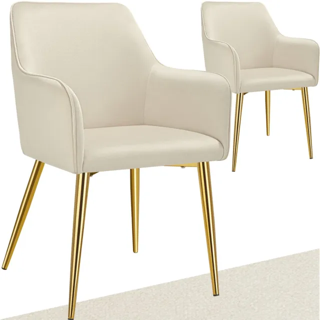 Tectake Eetkamerstoel Avane - Fluweellook - Gestoffeerde stoel met ergonomische armleuningen - Slanke stalen gouden poten - Draagkracht 120 kg - Comfortabele eetkamer- en keukenstoel - Set van 2 - Beige