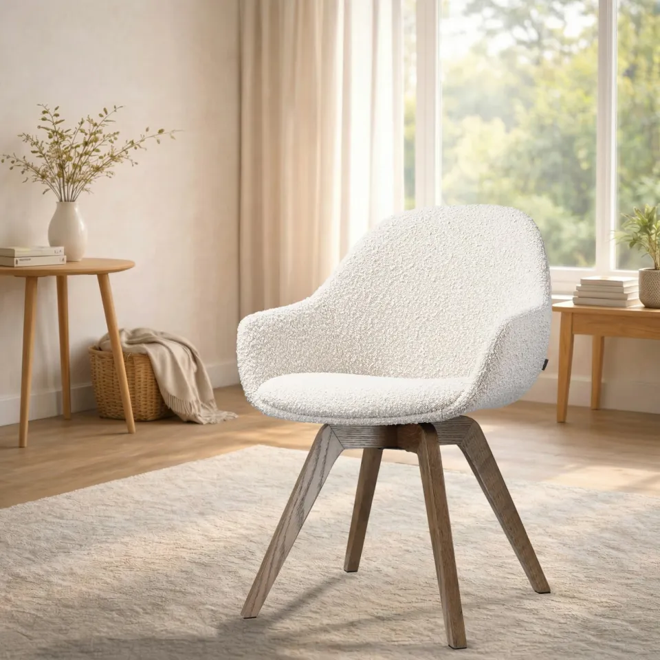 Nolon Noor-Mae draaibare eetkamerstoel bouclé beige - walnoot houten onderstel, foto 2