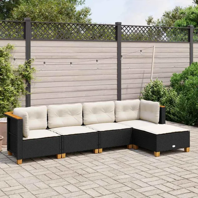 vidaXL 5-delige Loungeset met kussens poly rattan zwart, foto 2