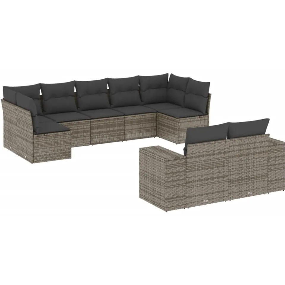 vidaXL 9-delige Loungeset met kussens poly rattan grijs, foto 3
